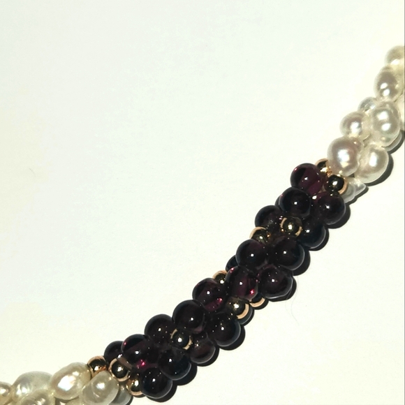 Vintage Garnet & Freshwater Pearl Necklace 3 Twisted Strands - Picture 4 of 5